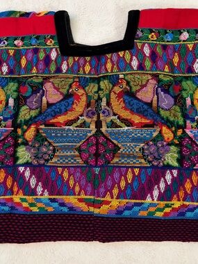Handmade Multicolor Embroidered Huipil with Vibrant Bird Pattern and Fruits